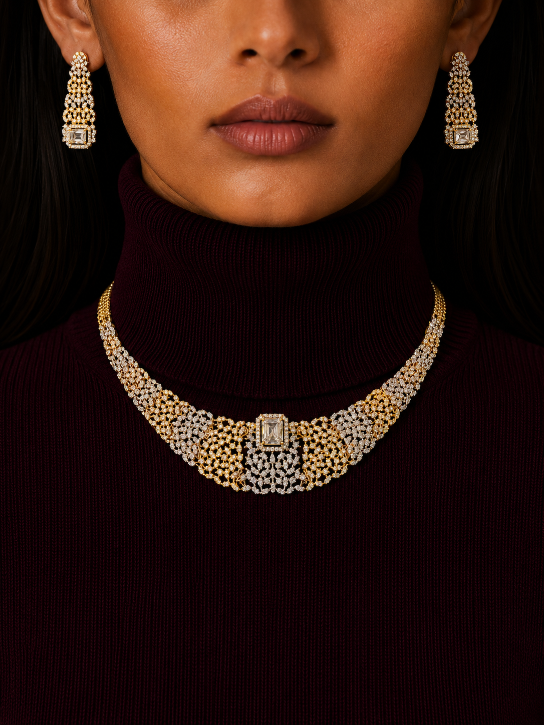 SILVER & GOLD WHITE DIAMOND NECKLACE SET