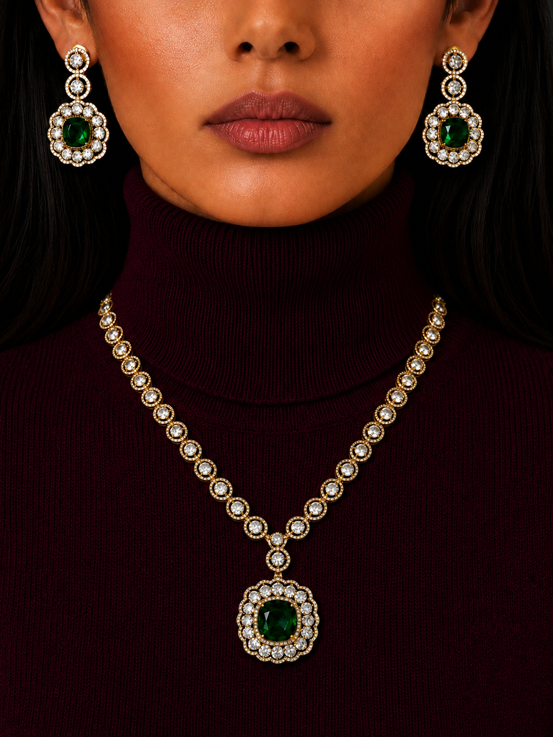 Emerald Halo Pendant Necklace Set