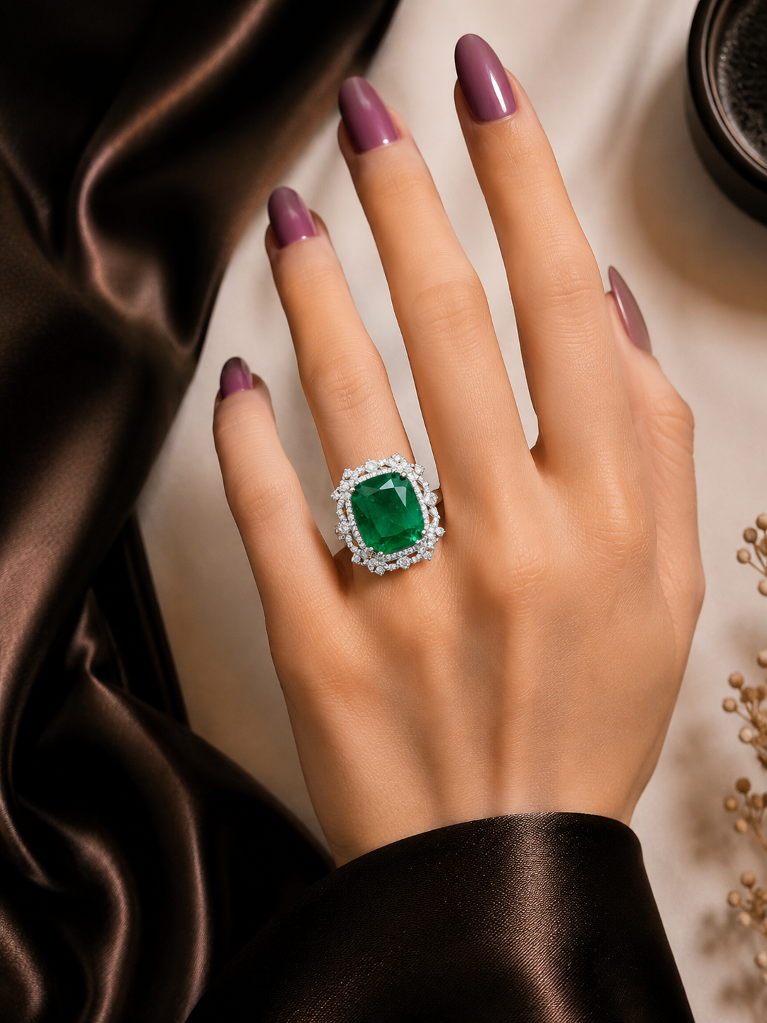 FOCUSED EMERALD GREEN STONE RING WITH ELEGANT DIAMOND BORDER