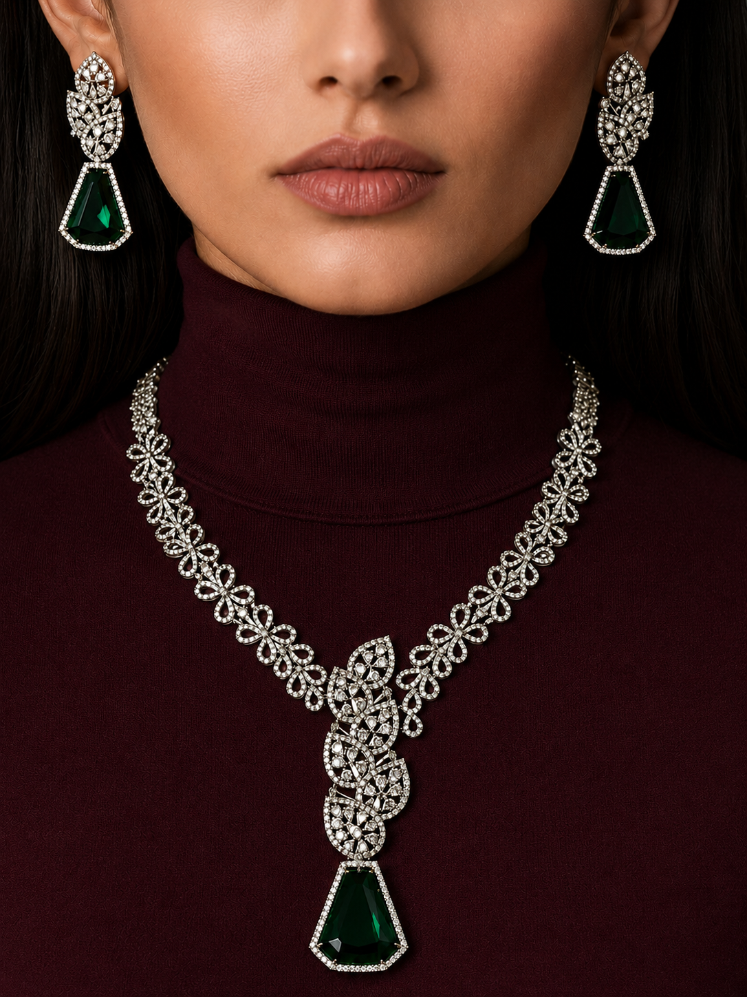 Dark Emerald Green Floral Necklace Set