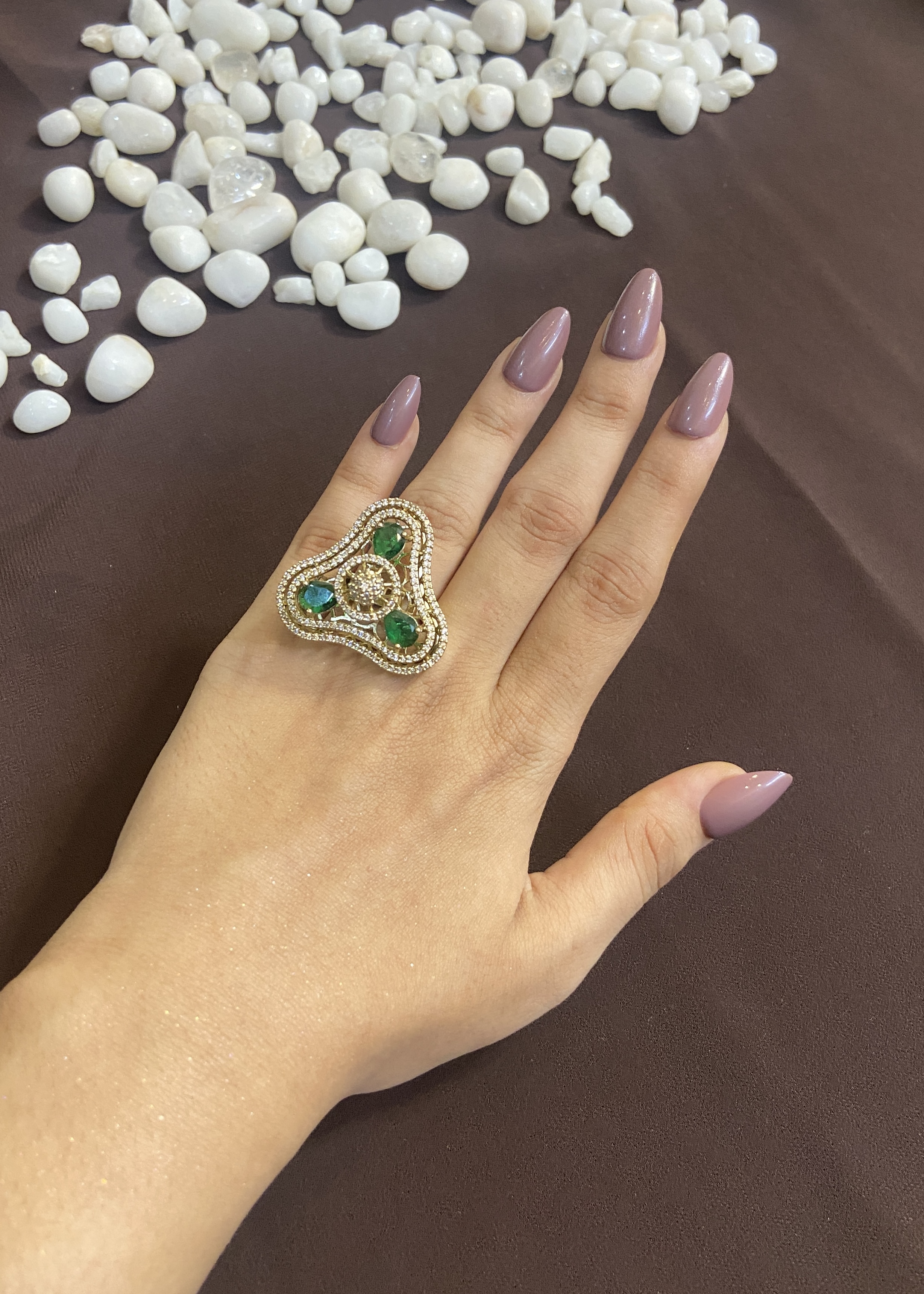 CURVED TRIANGLE EMERALD DIAMOND RING