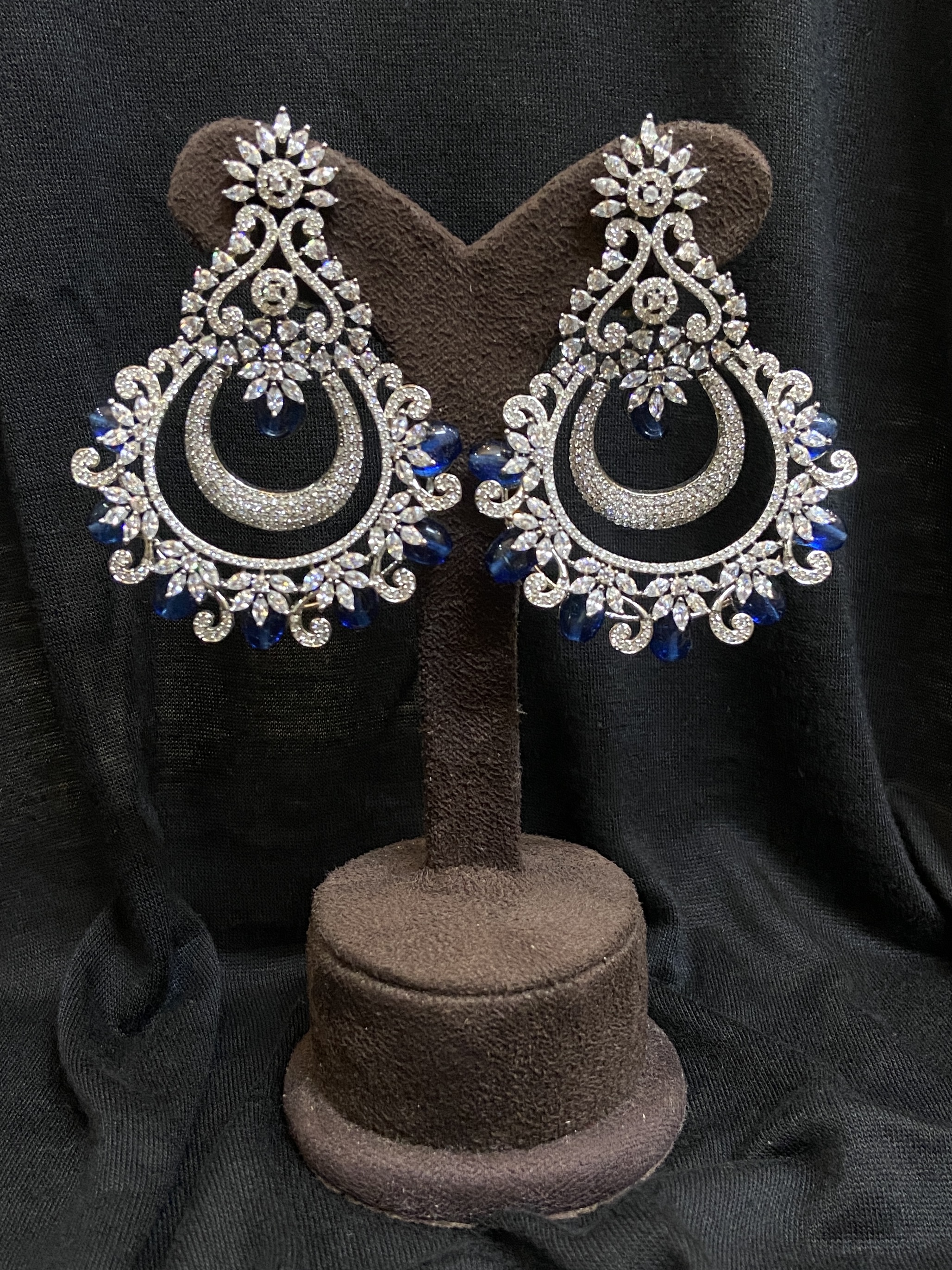 SILVER DIAMOND WITH BLUE BEADS ROYAL CHANDELIER EARRINGS