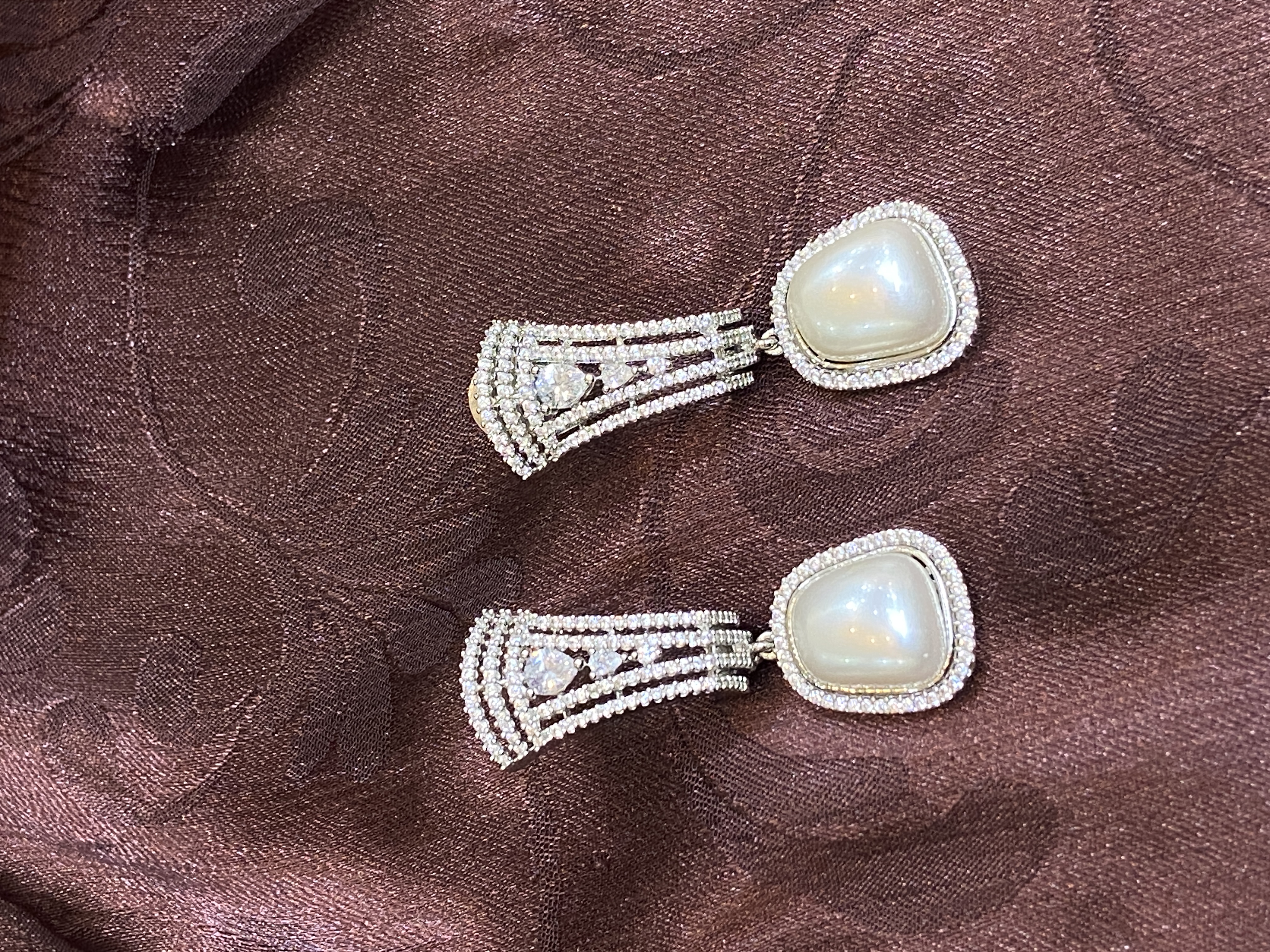 SILVER DIAMOND & STONES WITH HANGING PEARL TOPS