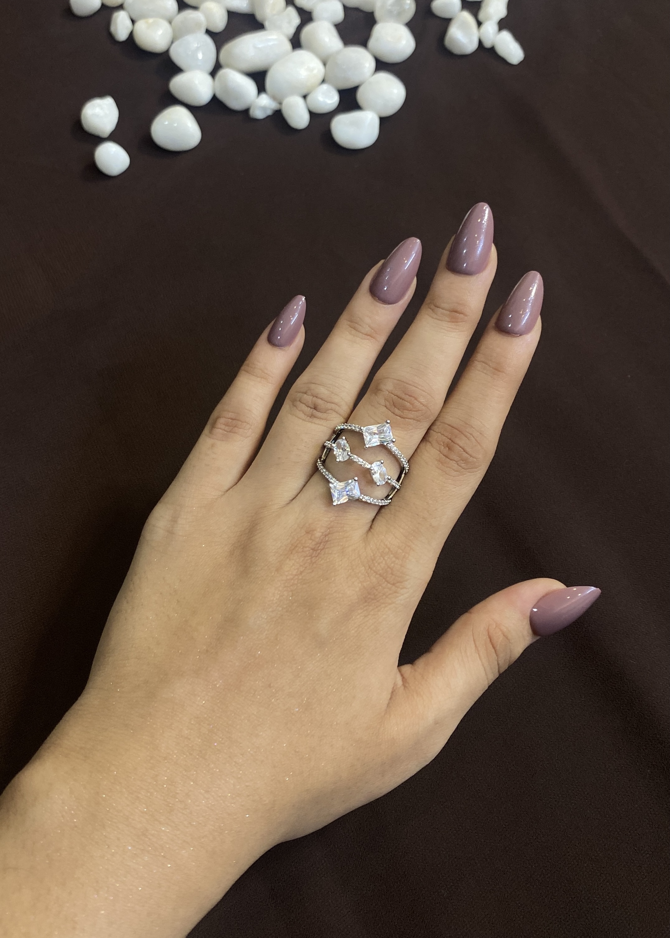 SQUARE & OVAL STONE WITH DIAMOND LINES RING