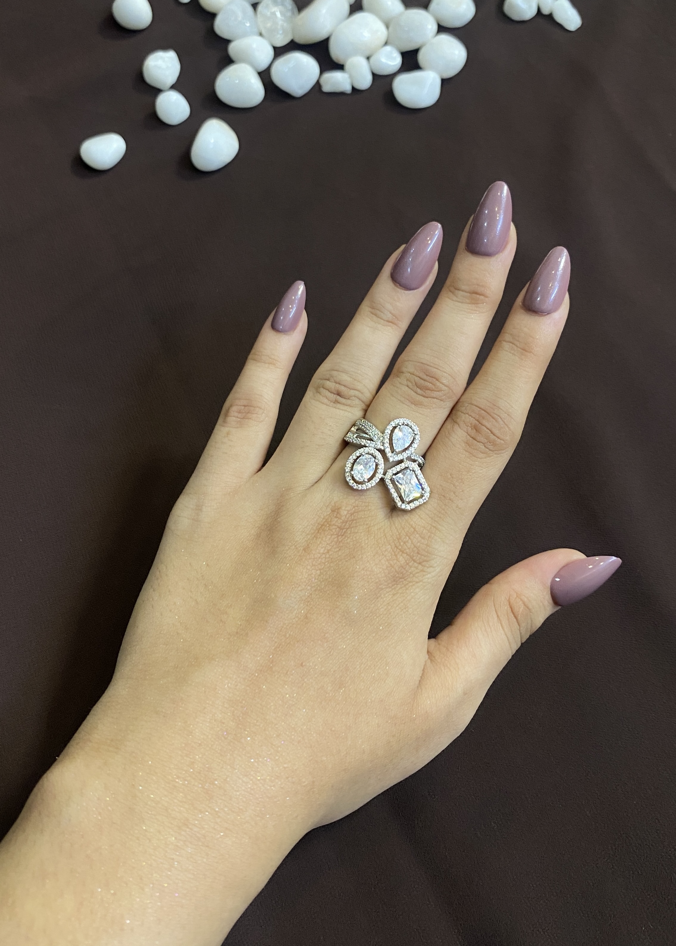 PEAR SQUARE & OVAL CLUSTER WITH DIAMOND LINES RING